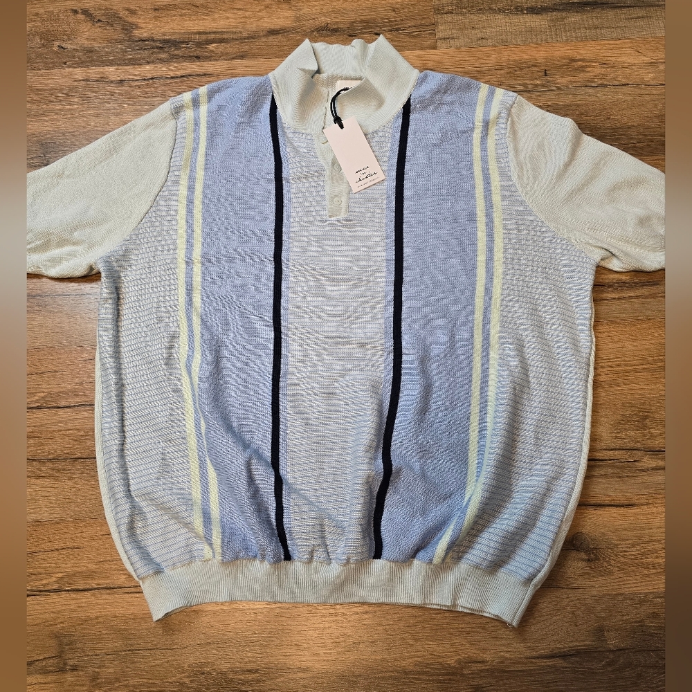 Max 'N Chester Mens XLarge Polo Sweater Blue Stripe Knit Short Sleeve NWT